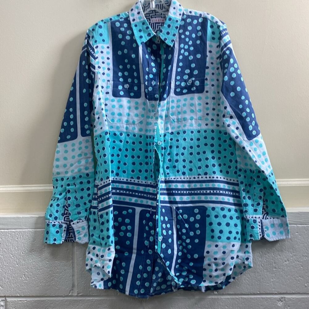 Tizzie large Blue and White Patterned button down linen blend shirt